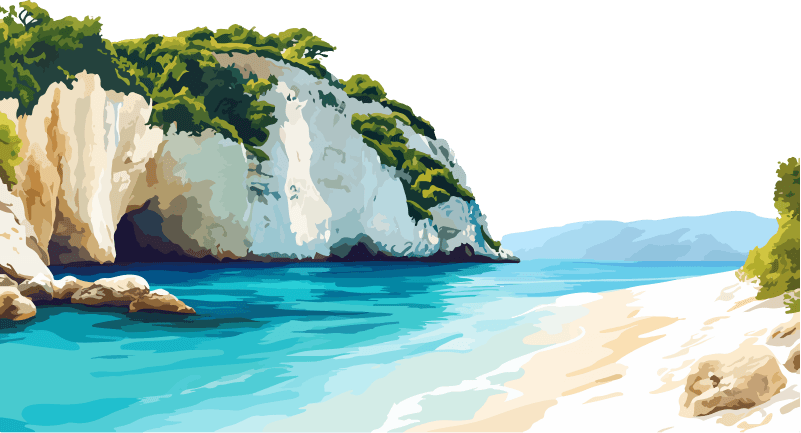 painting representing a beach on an island