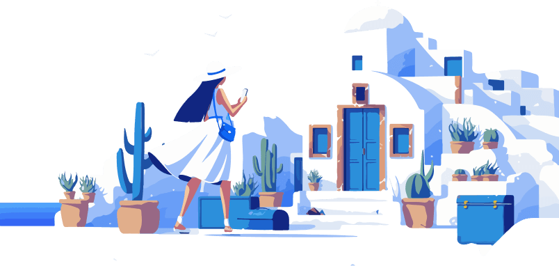 banner image representing a house on an island and a woman